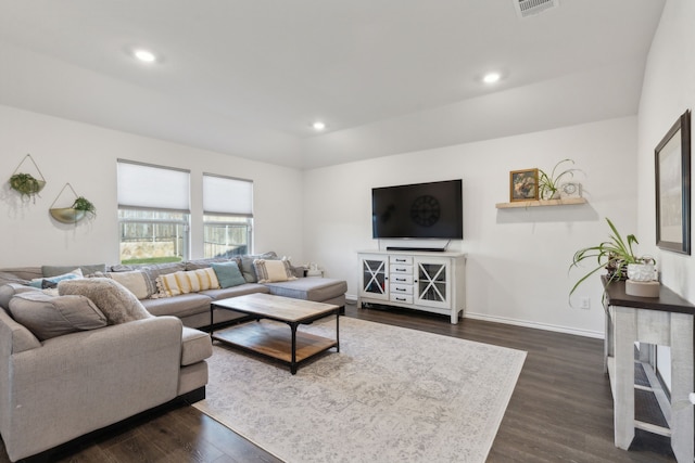 living room with dark wood-type flooring