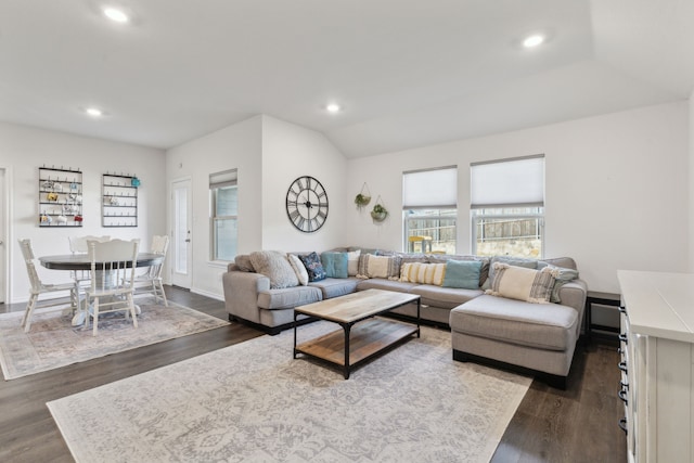 living room featuring dark wood-type flooring