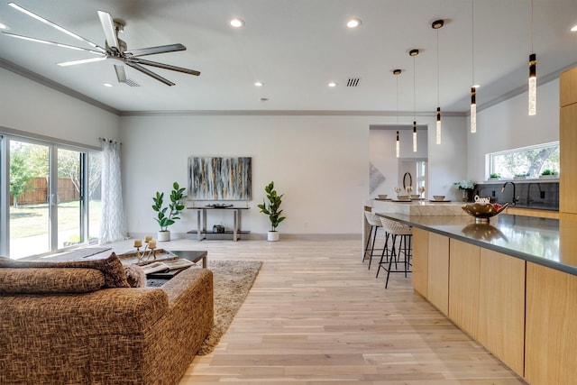 living room with light hardwood / wood-style floors, ceiling fan, and ornamental molding