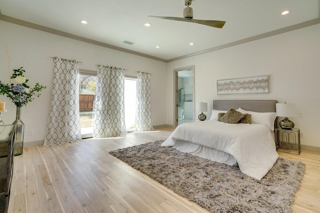 bedroom featuring ornamental molding, ceiling fan, and light hardwood / wood-style flooring