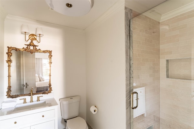 bathroom with toilet, an enclosed shower, crown molding, and vanity