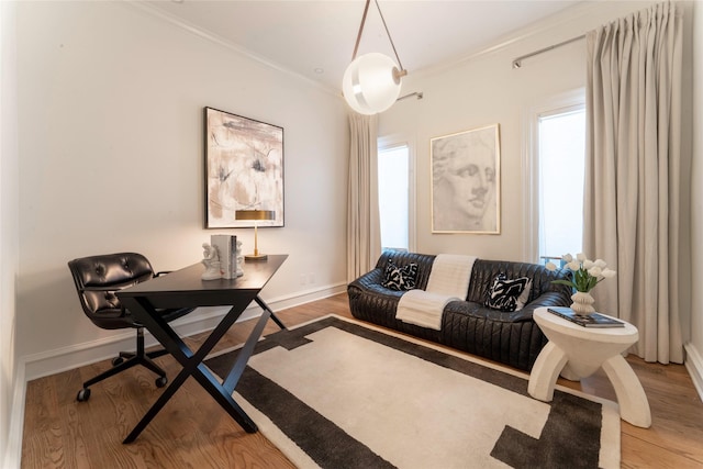 home office featuring wood-type flooring and ornamental molding