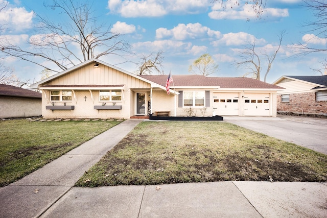 single story home with a garage and a front yard