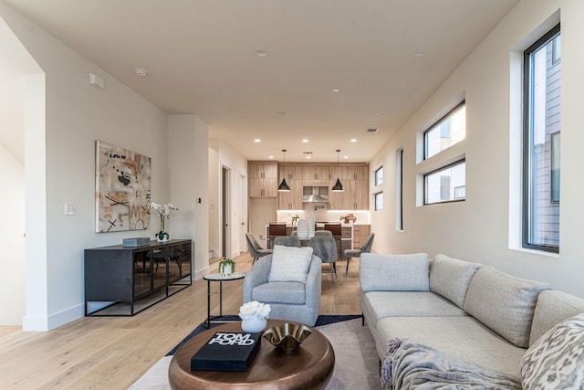 living room featuring light wood-type flooring and a wealth of natural light