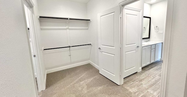 spacious closet featuring light carpet and sink