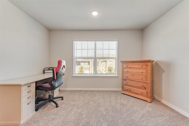 home office with light colored carpet