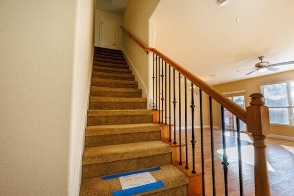 stairs featuring ceiling fan and hardwood / wood-style flooring