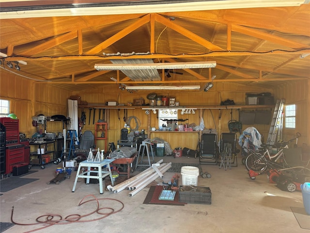 garage with a workshop area