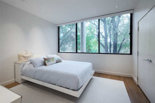 bedroom with dark hardwood / wood-style floors