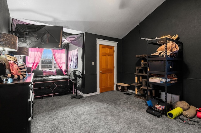 carpeted bedroom featuring vaulted ceiling