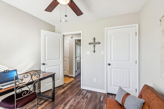 interior space featuring ceiling fan and dark wood-type flooring