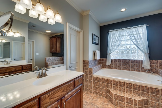 bathroom featuring crown molding, tiled bath, tile patterned floors, and vanity