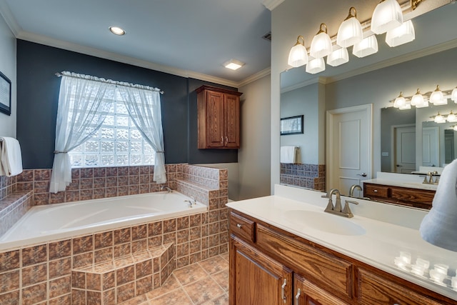 bathroom featuring a relaxing tiled tub, tile patterned flooring, crown molding, and vanity