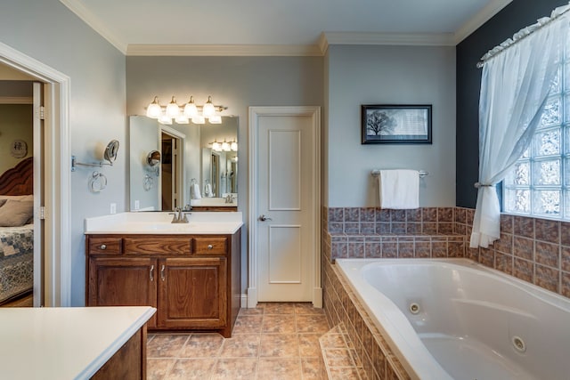 bathroom featuring vanity, ornamental molding, and tiled bath