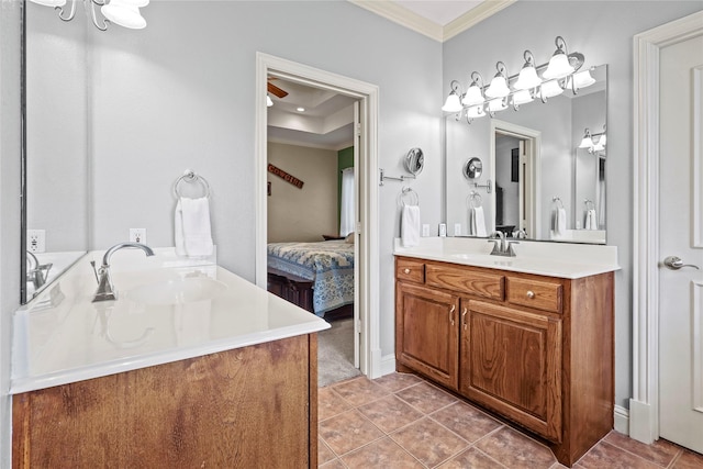 full bath featuring tile patterned flooring, ensuite bath, ornamental molding, and a sink