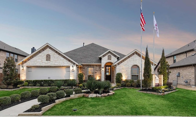 french provincial home featuring a yard and a garage