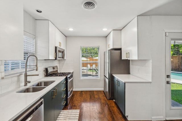 kitchen with stainless steel appliances, white cabinetry, sink, and backsplash