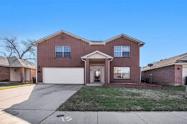 front facade featuring a garage and a front yard