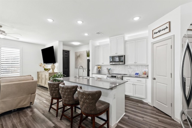 kitchen with white cabinetry, stainless steel appliances, tasteful backsplash, sink, and a kitchen island with sink