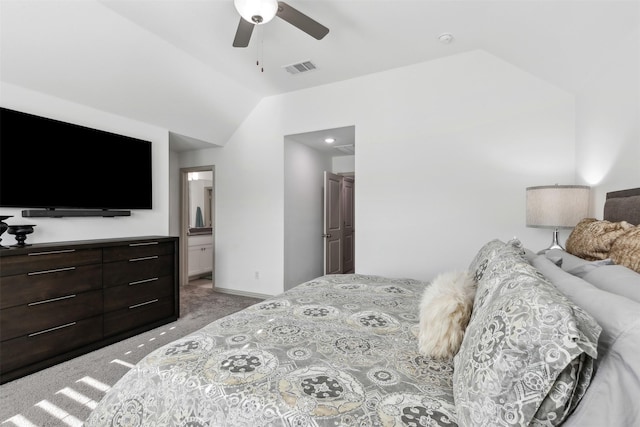 carpeted bedroom with ceiling fan, ensuite bathroom, a closet, and lofted ceiling