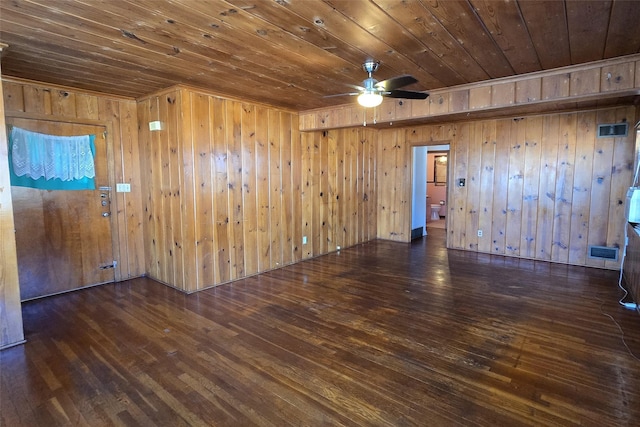 spare room featuring wooden ceiling, wood walls, ceiling fan, and dark wood-type flooring