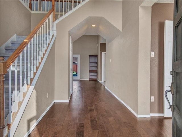 foyer featuring a high ceiling and dark hardwood / wood-style floors