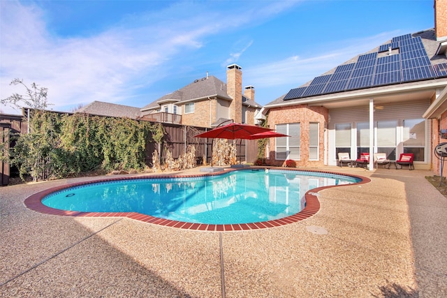 view of pool with fence, a fenced in pool, and a patio