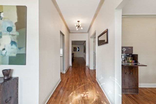 corridor with an inviting chandelier, crown molding, and dark hardwood / wood-style flooring