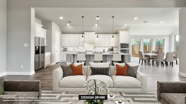 living room featuring dark wood-type flooring