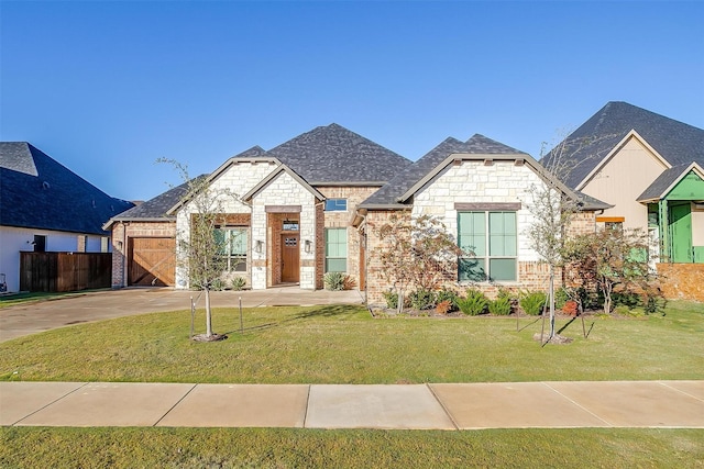 french country style house with brick siding, a shingled roof, an attached garage, a front yard, and driveway