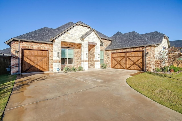 view of front of home featuring a shingled roof, concrete driveway, an attached garage, a front lawn, and brick siding