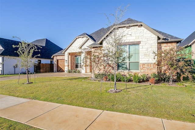 french country inspired facade featuring driveway, brick siding, a front yard, and stone siding