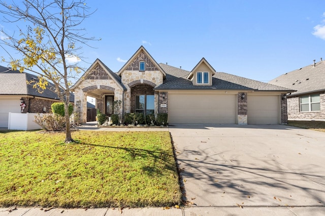 view of front of house featuring a front lawn and a garage