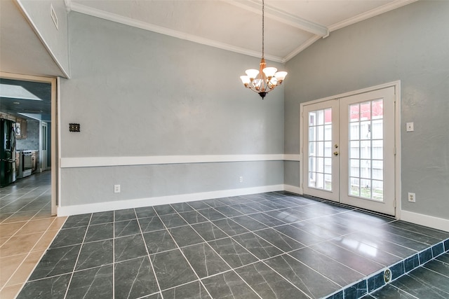 unfurnished room featuring an inviting chandelier, a wealth of natural light, crown molding, and french doors