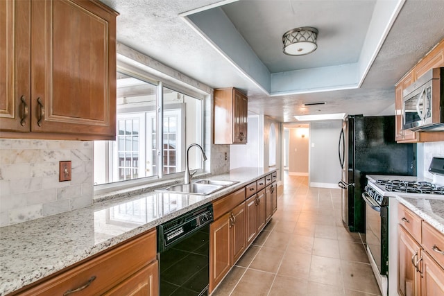 kitchen with a tray ceiling, gas range, dishwasher, light stone countertops, and sink