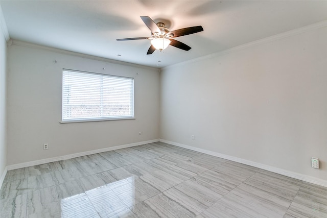 unfurnished room with ceiling fan and crown molding