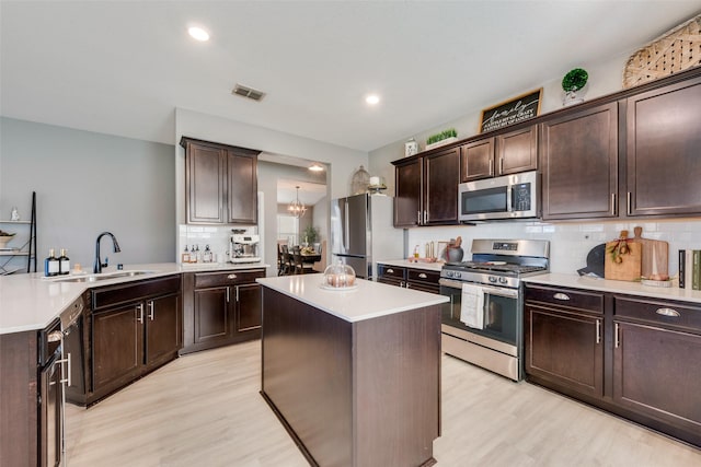 kitchen featuring stainless steel appliances, a kitchen island, dark brown cabinetry, sink, and tasteful backsplash