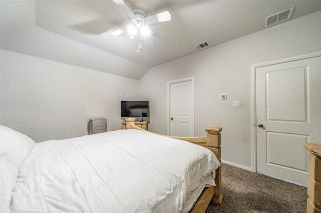 bedroom featuring ceiling fan, carpet floors, and lofted ceiling