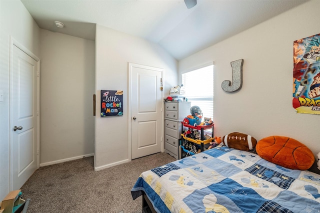 bedroom featuring lofted ceiling and carpet