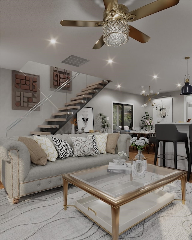 548 Faulk St, Dallas, TX 75203 - living room with stairs, a ceiling fan, and recessed lighting