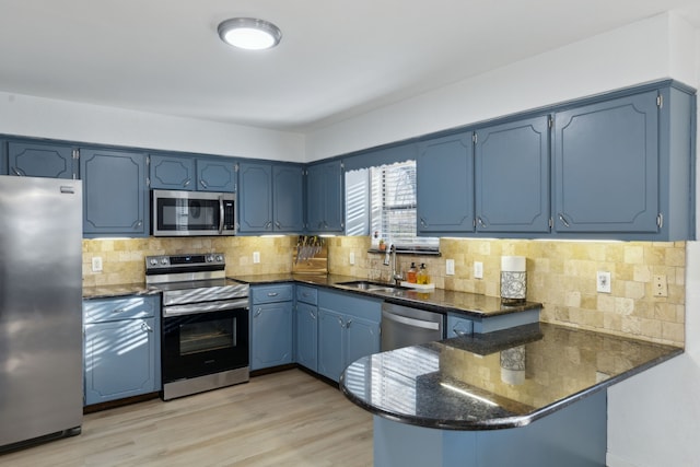 kitchen featuring kitchen peninsula, dark stone counters, appliances with stainless steel finishes, and sink