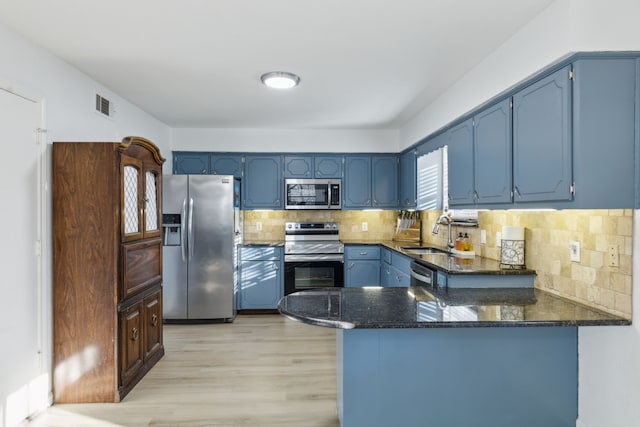 kitchen featuring kitchen peninsula, stainless steel appliances, backsplash, blue cabinets, and sink