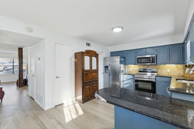 kitchen featuring appliances with stainless steel finishes, blue cabinetry, kitchen peninsula, sink, and backsplash