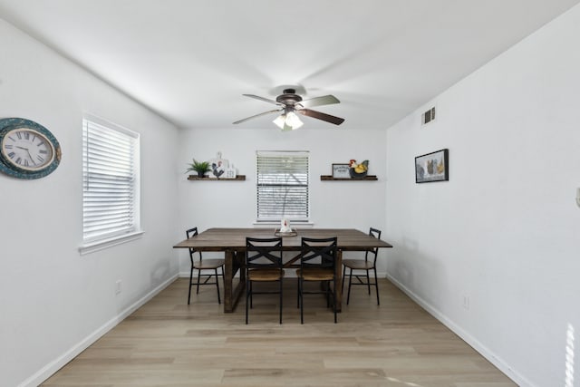 dining area featuring light wood-type flooring, ceiling fan, and a wealth of natural light