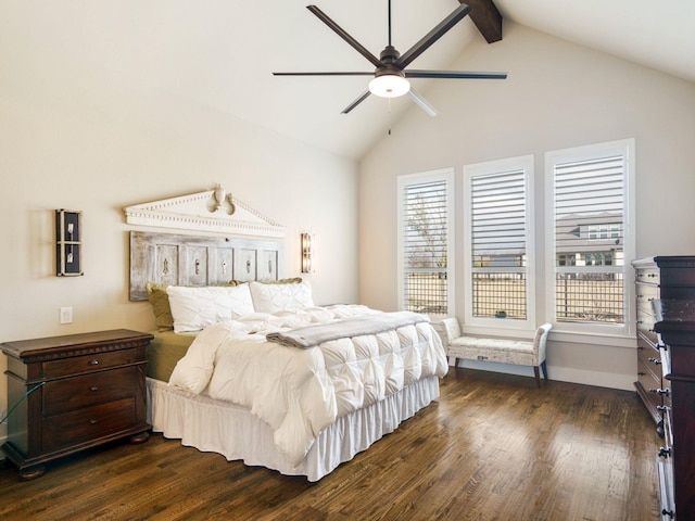 bedroom featuring vaulted ceiling with beams, dark wood-type flooring, and ceiling fan