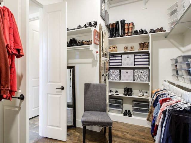 walk in closet with dark wood-type flooring