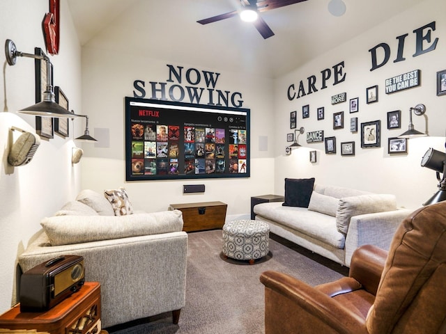 living room featuring ceiling fan and carpet flooring