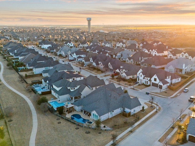 view of aerial view at dusk