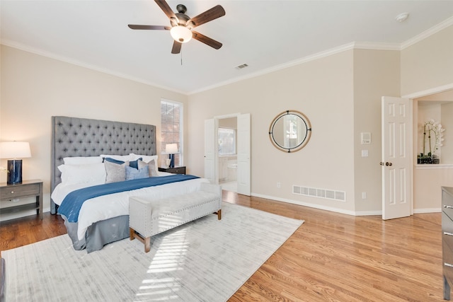 bedroom with ensuite bath, ceiling fan, ornamental molding, and light hardwood / wood-style flooring