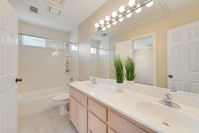 full bathroom with toilet, vanity, tile patterned floors, and shower / tub combination